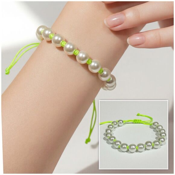 Handmade Jewelry - White Beaded Bracelet Green Adjustable Handmade Boho